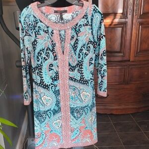 BCBGMaxAzria Blue and Pink Paisley Long Sleeve Dress